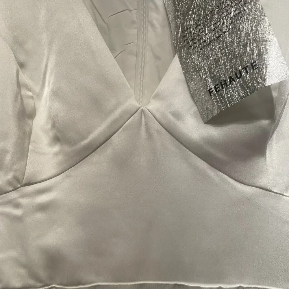 FEHAUTE US10 White Bridal Dress | Sheer Sleeves, Floral Hem, NWT - Picture 10 of 13
